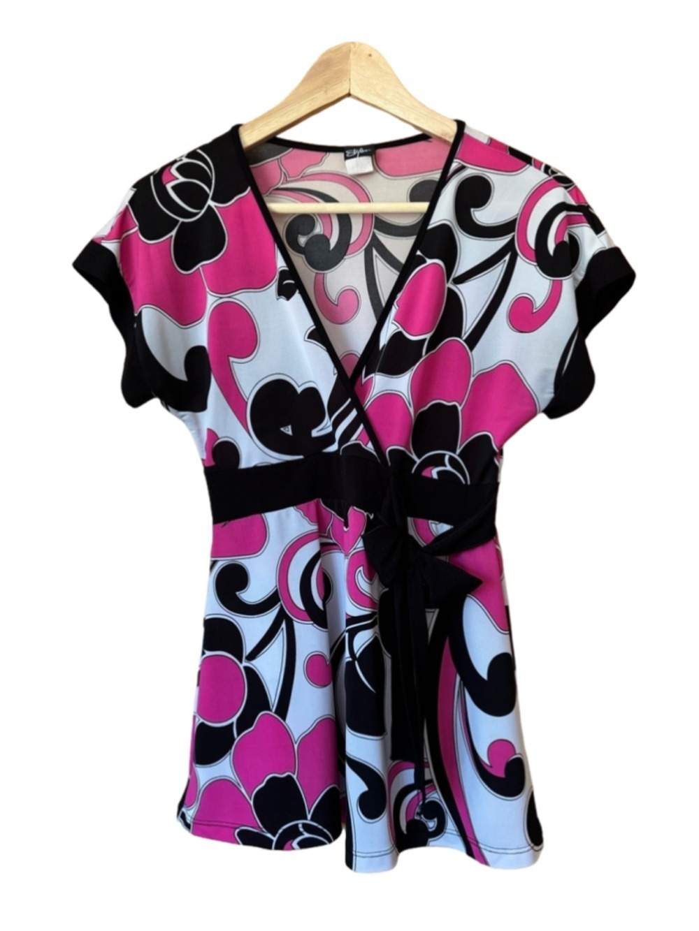 Styles Vintage Pink Black White Swirl Print Mock Wrap Blouse size large